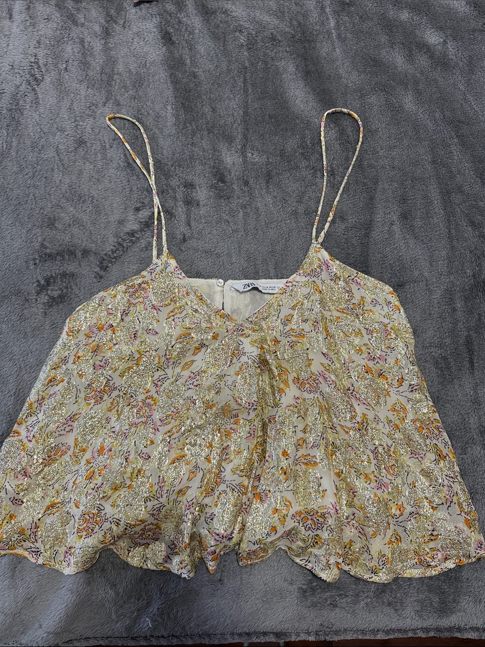 Zara Cream Floral Metallic Spaghetti Strap Cami